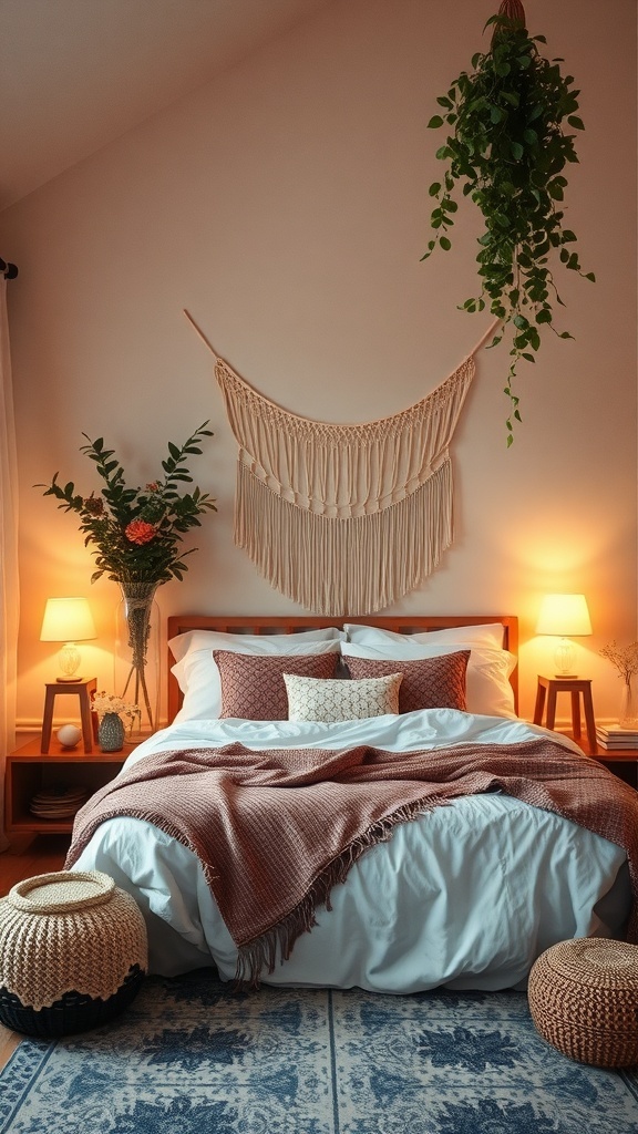 A cozy boho bedroom with warm lighting, featuring a bed with decorative pillows, a macrame wall hanging, and plants.