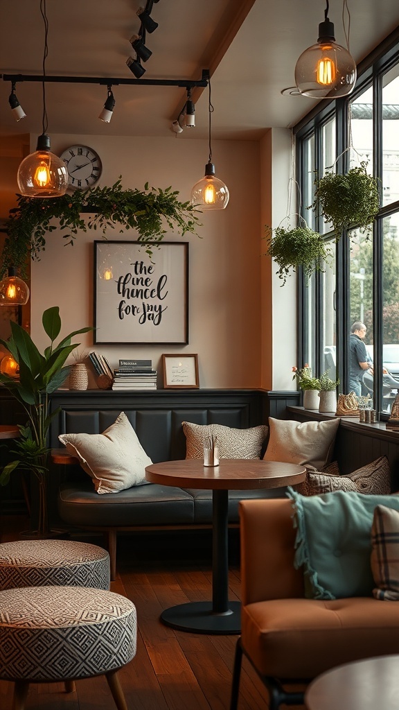 A cozy cafe with warm lighting, soft textures, and inviting decor.