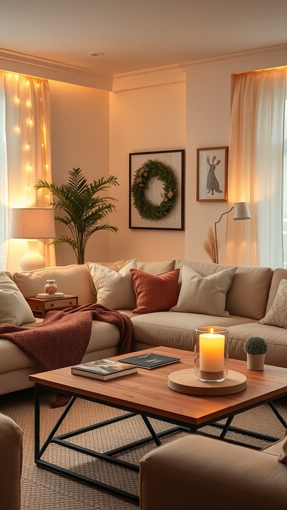 A cozy living room with warm lighting, featuring string lights, a lamp, and a candle on a coffee table.
