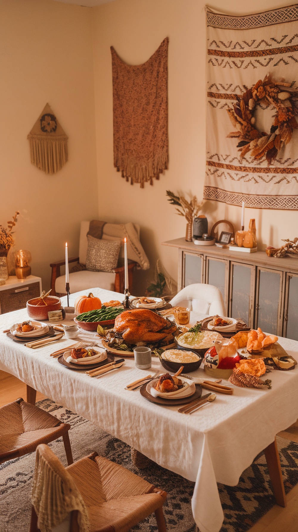 A beautifully set boho Thanksgiving table with warm lighting, featuring a turkey and various side dishes.