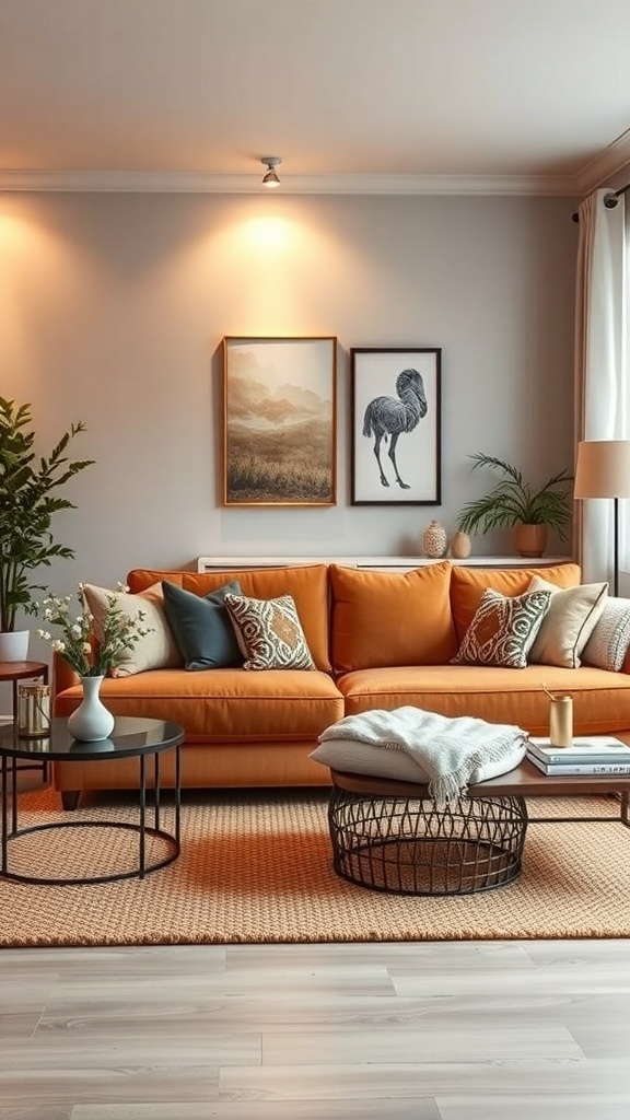 A cozy living room featuring a tan couch, warm lighting, and decorative elements.