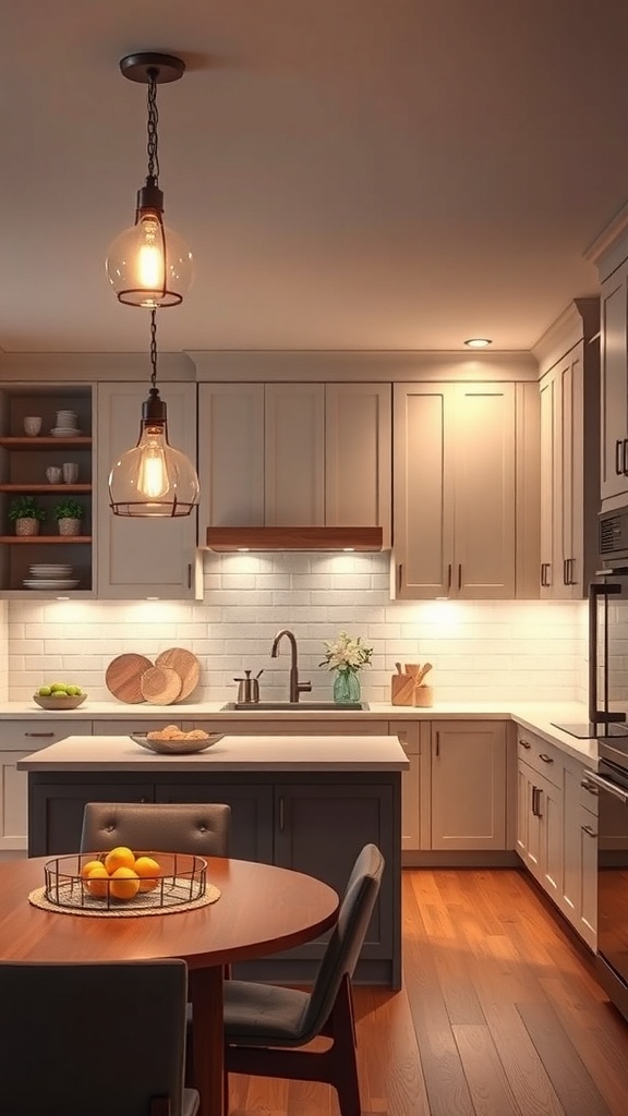 Cozy kitchen with warm lighting fixtures and a welcoming atmosphere.