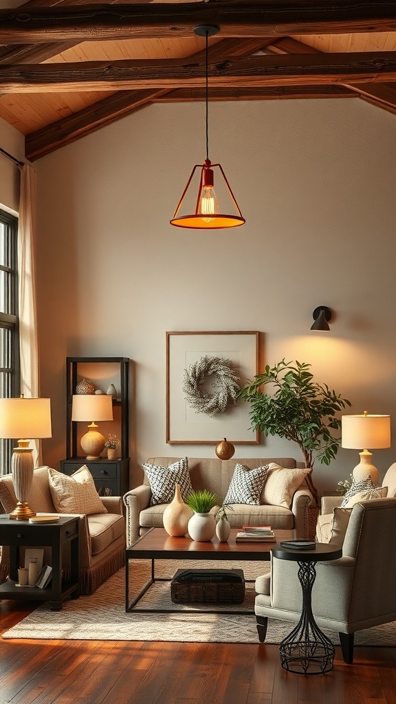 A rustic farmhouse living room with warm lighting fixtures, including a pendant light and table lamps.
