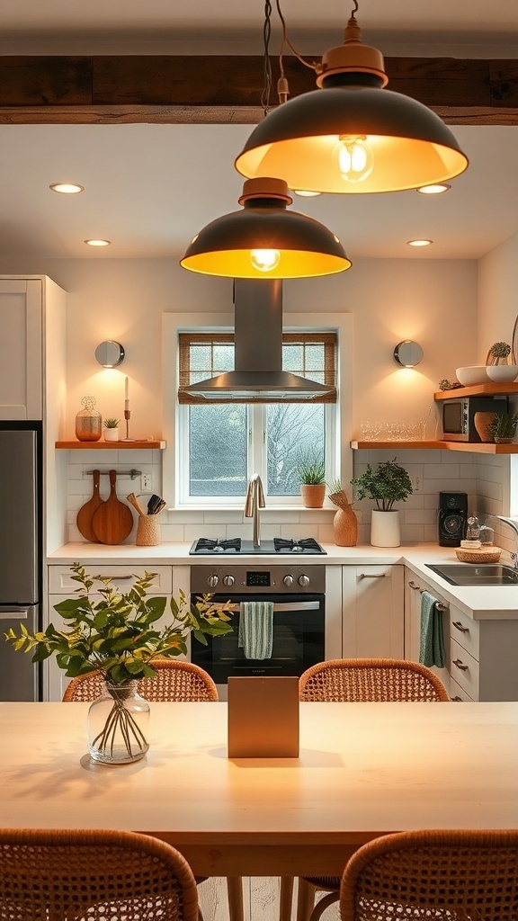 A warm neutral kitchen featuring stylish lighting fixtures, including hanging lights and wall sconces.