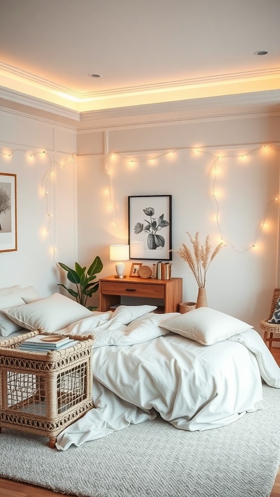 A cozy bedroom with warm lighting, featuring a bed with neutral linens, string lights, and a woven basket.