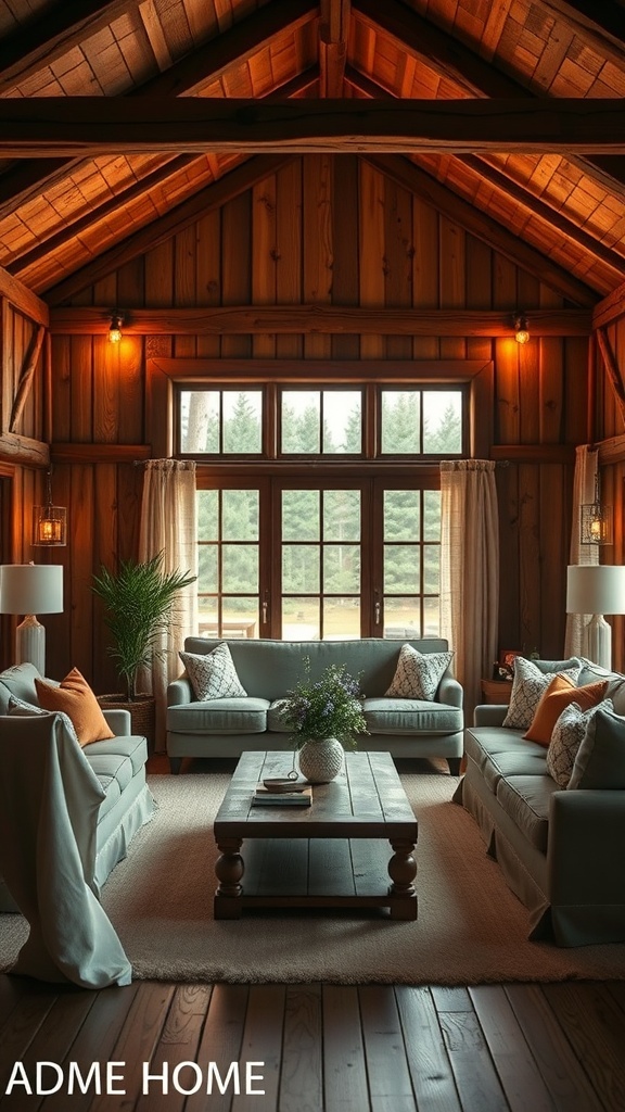 Cozy rustic French country living room with warm lighting and comfortable seating.