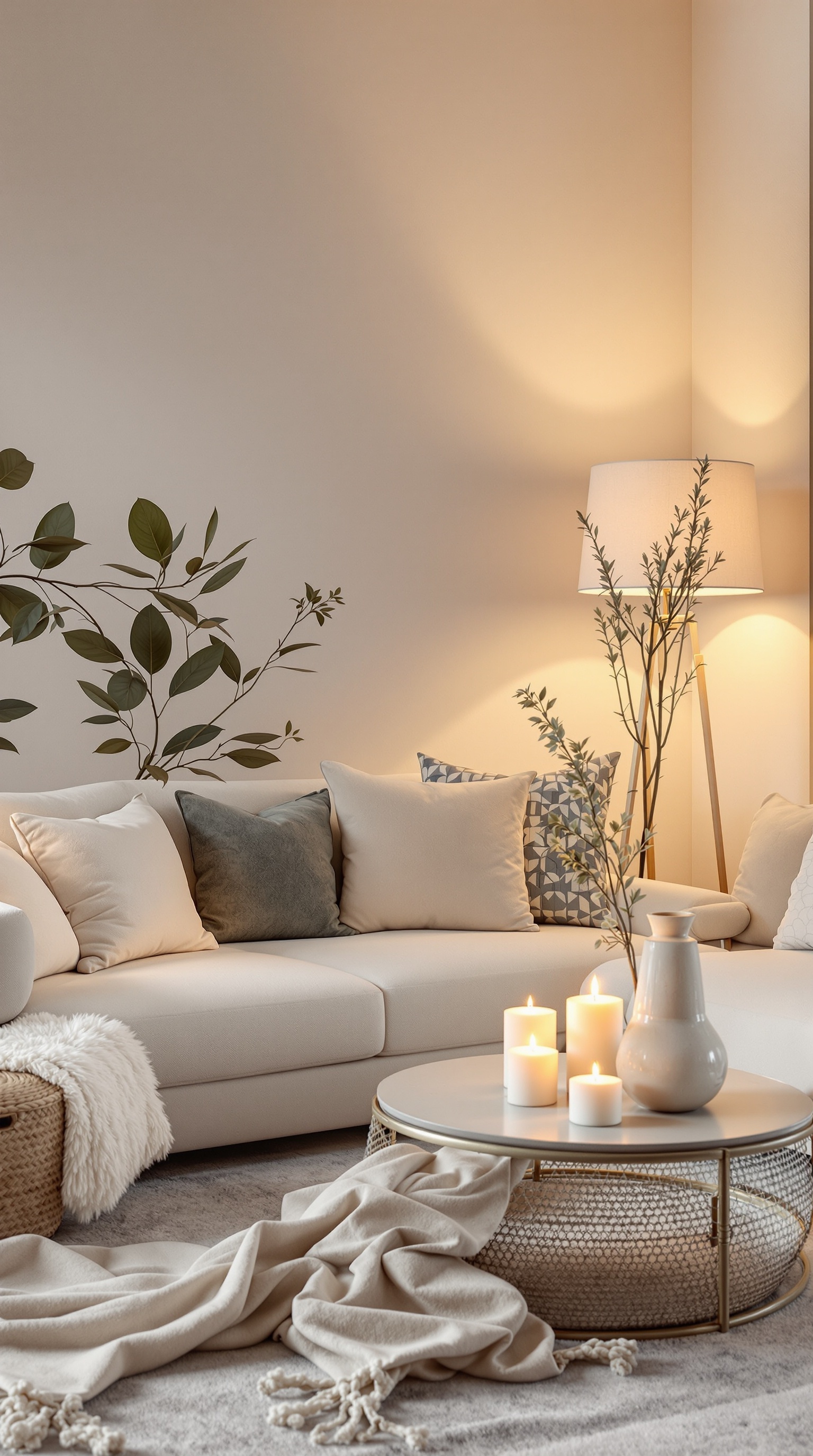 A cozy living room with warm lighting, soft sofa, candles, and decorative elements.