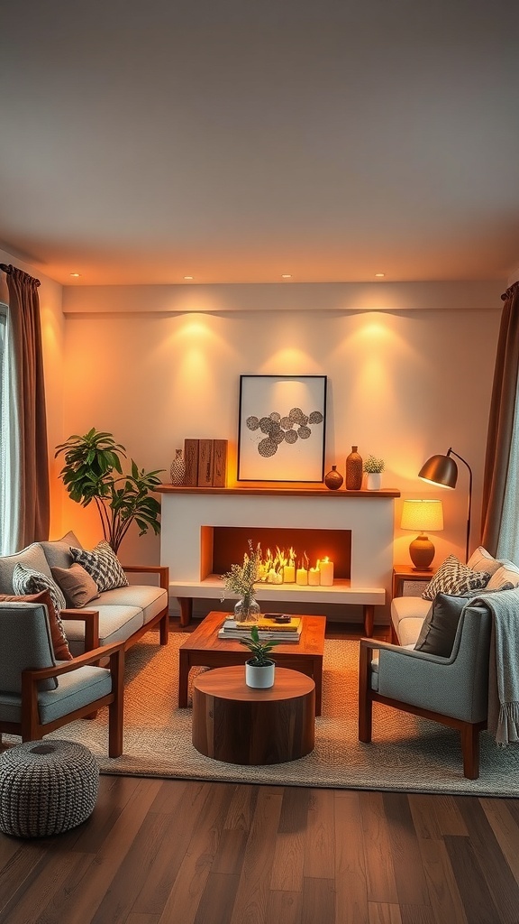 Cozy living room with warm lighting and a fireplace