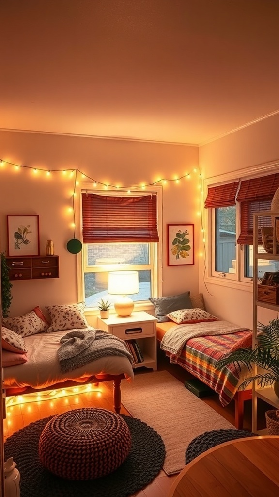 A cozy dorm room with warm lighting, string lights, and a bedside lamp.