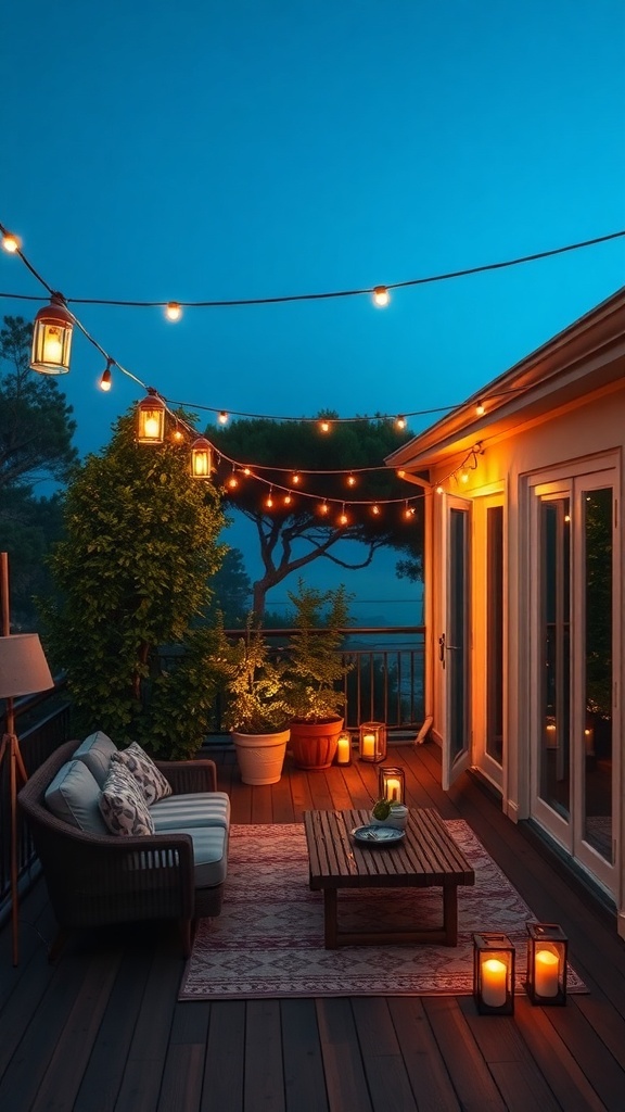 A cozy balcony with warm lighting, featuring string lights, lanterns, and comfortable seating.