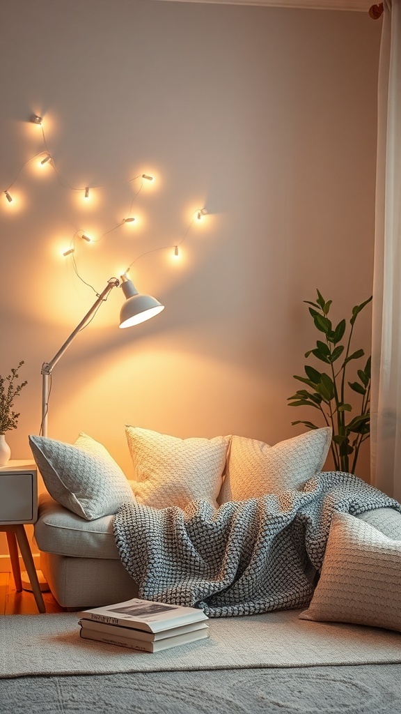 Cozy reading nook with warm lighting, a comfy couch, and decorative pillows.