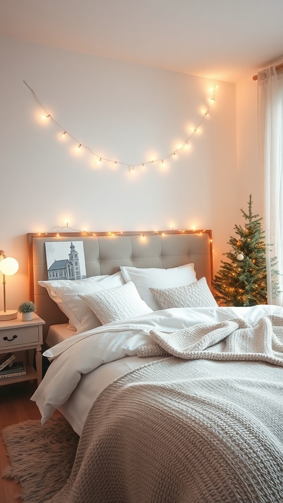 A cozy winter bedroom with warm lighting, featuring fairy lights, a bedside lamp, and a small Christmas tree.