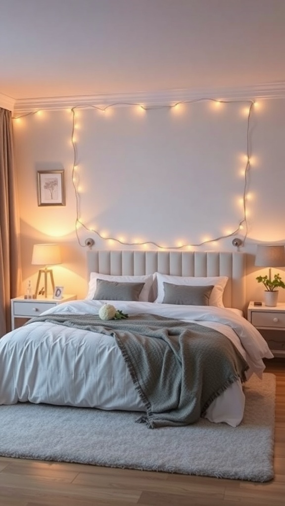 A cozy bedroom with warm lighting, featuring string lights and soft bedding.