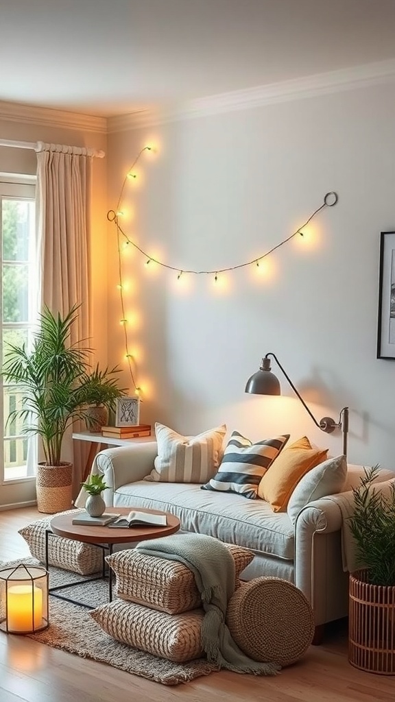 Cozy reading room with warm lighting, plants, and comfortable seating.