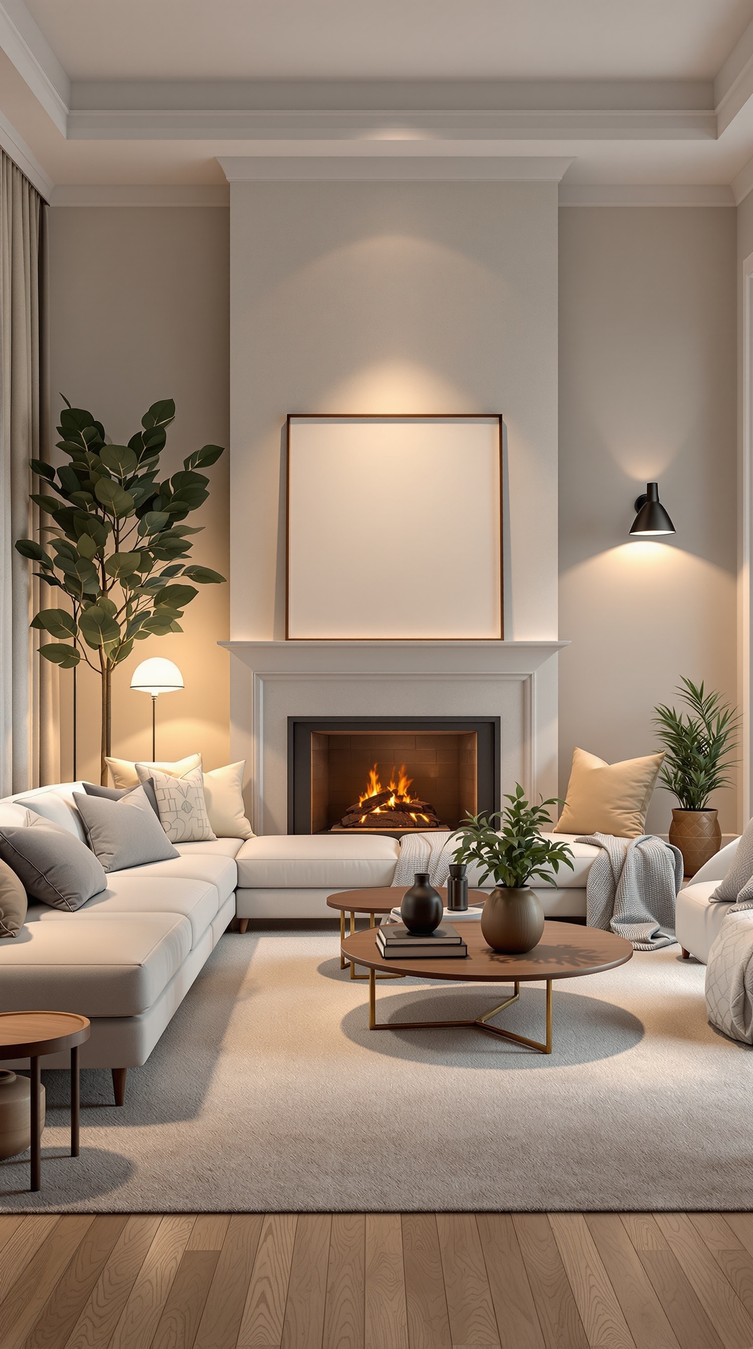 A cozy family living room with warm lighting, featuring a sofa, coffee table, and a fireplace.