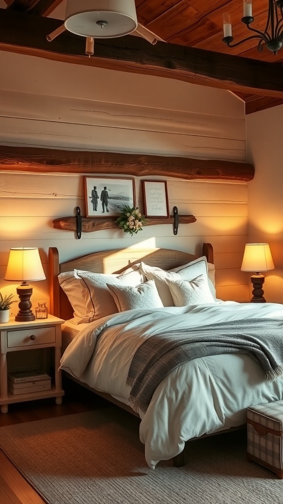 A rustic farmhouse bedroom with warm lighting from bedside lamps and a chandelier, featuring wooden beams and cozy decor.