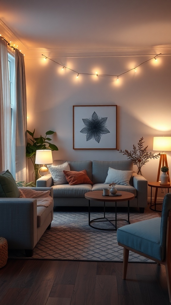 A cozy living room with warm lighting, featuring string lights, table lamps, and a comfortable sofa.