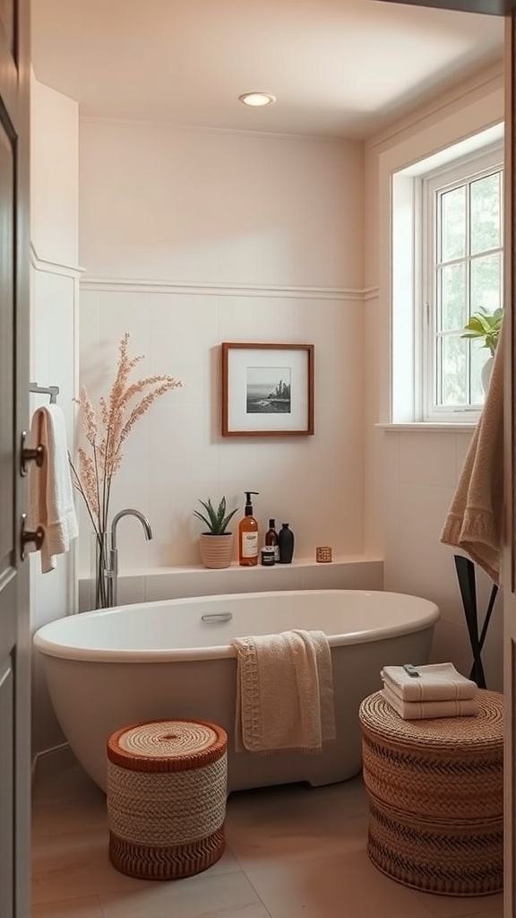 A cozy bathroom featuring a freestanding bathtub, warm lighting, and decorative elements.