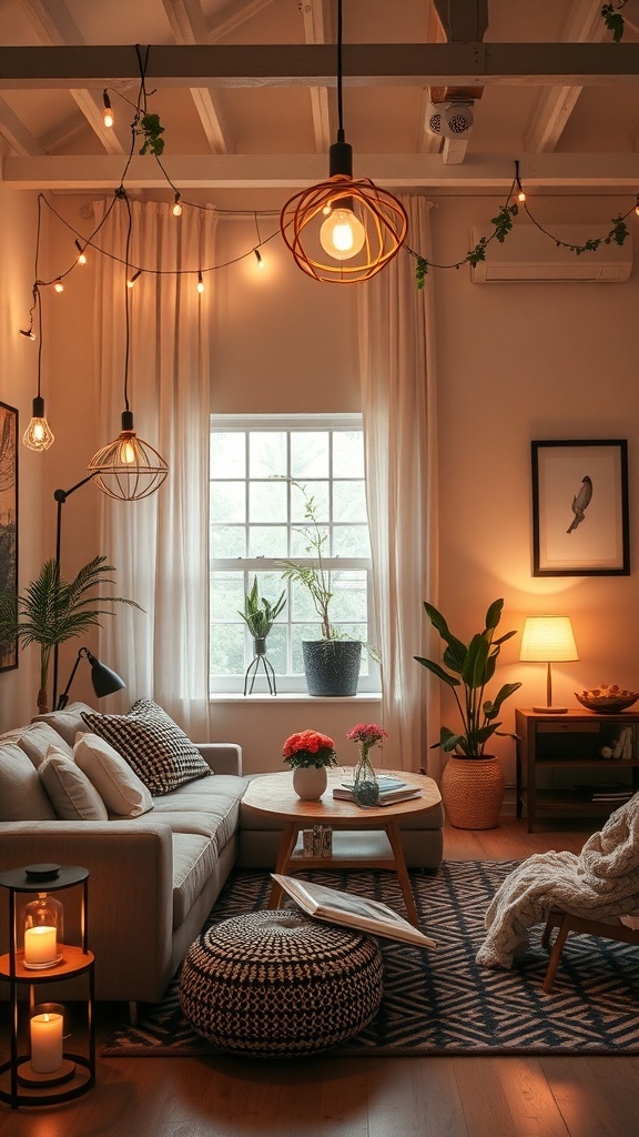 A cozy apartment with warm lighting, featuring hanging bulbs, a floor lamp, and candles.
