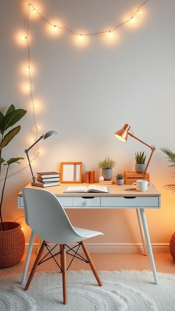 Cozy desk setup with warm lighting, plants, and a modern desk lamp.