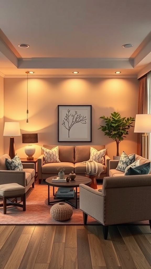 Cozy minimalist living room with warm lighting and comfortable furniture.