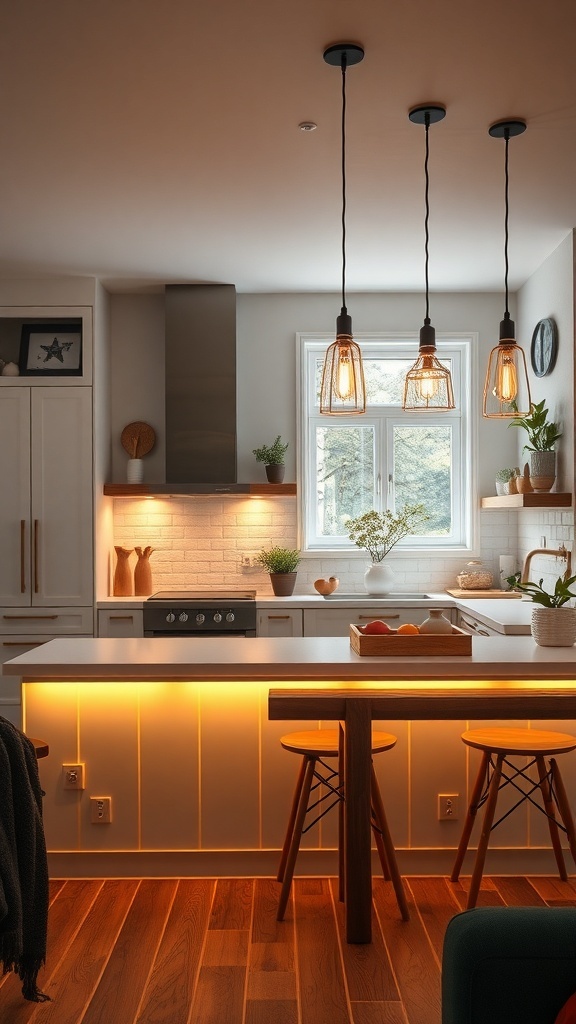 A cozy kitchen featuring warm lighting with pendant lights and natural elements.