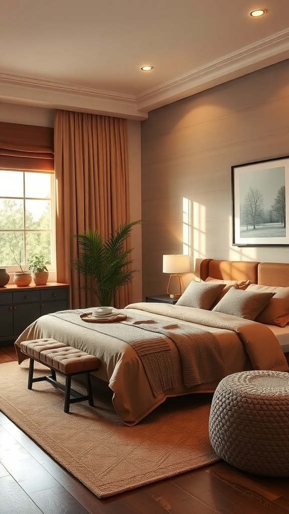 A cozy brown bedroom featuring warm lighting, soft bedding, and natural decor.