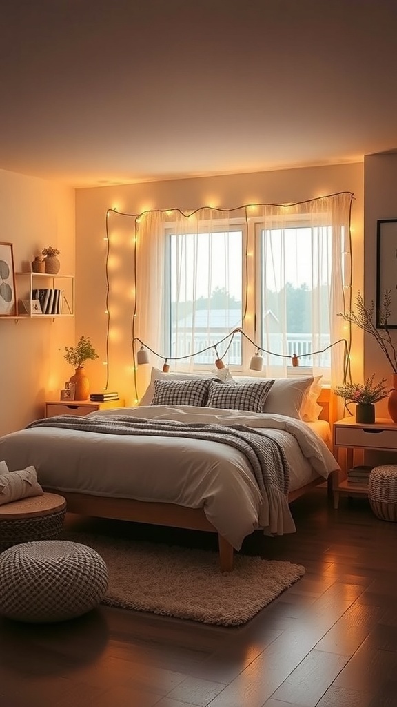 A cozy bedroom with warm lighting from string lights around the window, creating an inviting atmosphere.