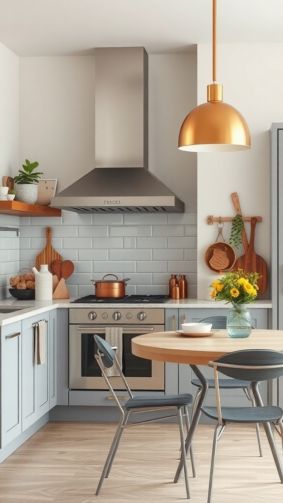 A warm neutral kitchen featuring copper accents, blue cabinetry, and a cozy dining area.