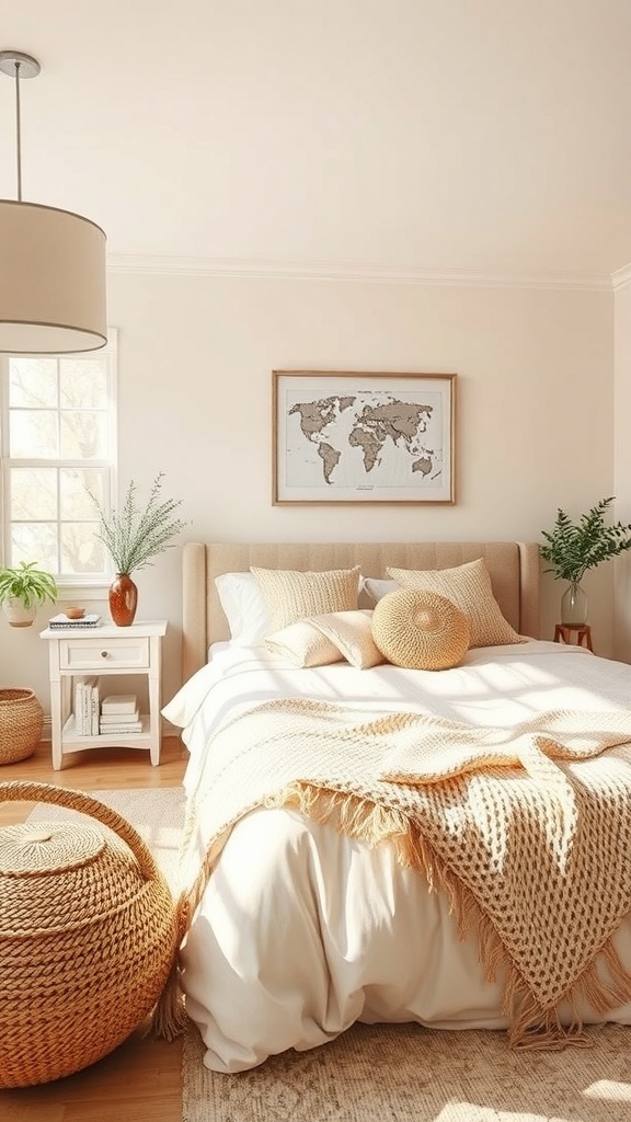 A cozy bedroom featuring warm neutral colors, a comfortable bed with decorative pillows, a woven basket, and a world map on the wall.