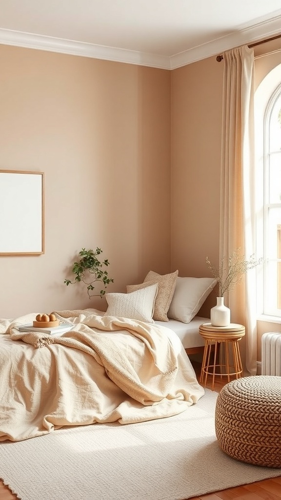 Cozy bedroom with warm neutral paint colors, featuring a bed with soft blankets, a side table, and natural light.