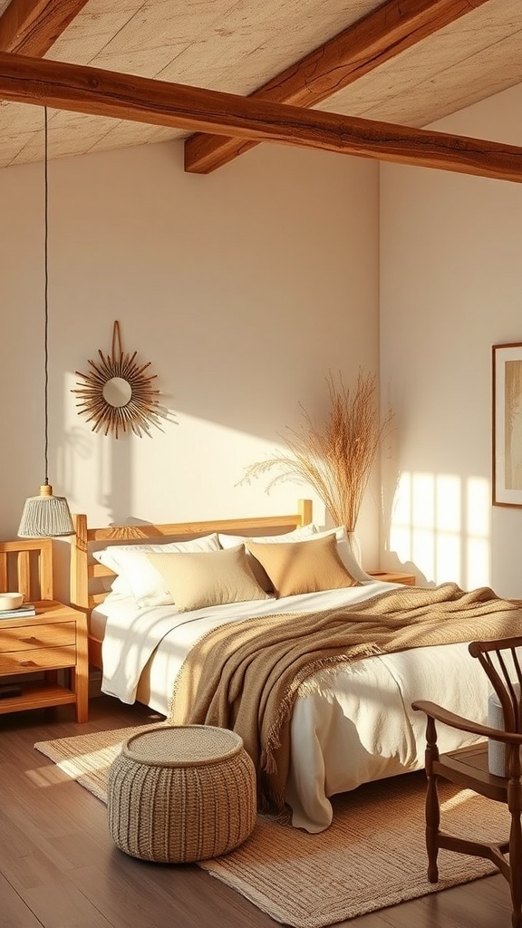A cozy bedroom featuring warm neutrals, natural wood elements, and soft textures.
