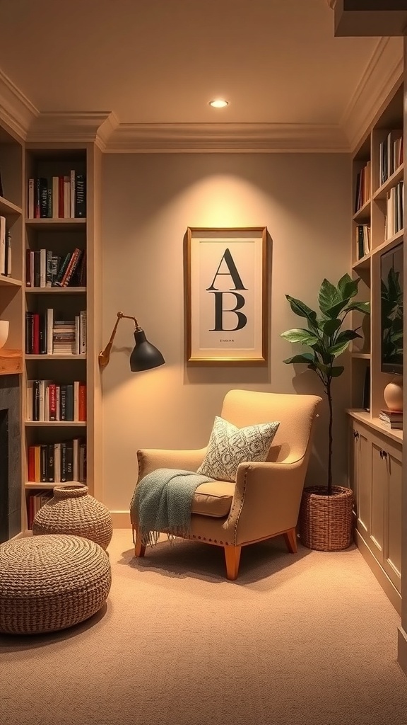 Cozy reading nook in a basement with a comfortable chair, bookshelves, and ambient lighting.