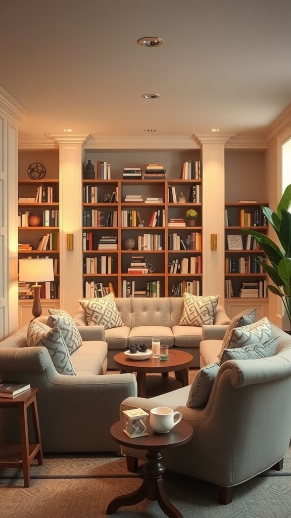 Cozy basement reading nook with soft lighting, comfortable seating, and bookshelves.