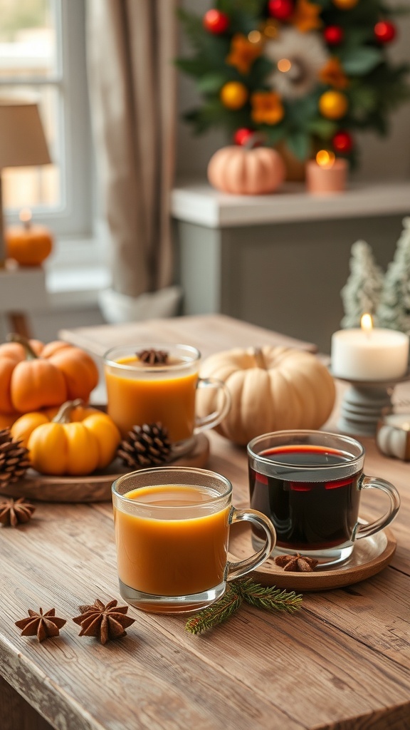 A cozy autumn scene featuring three warm spiced beverages on a wooden table, surrounded by pumpkins and pinecones.