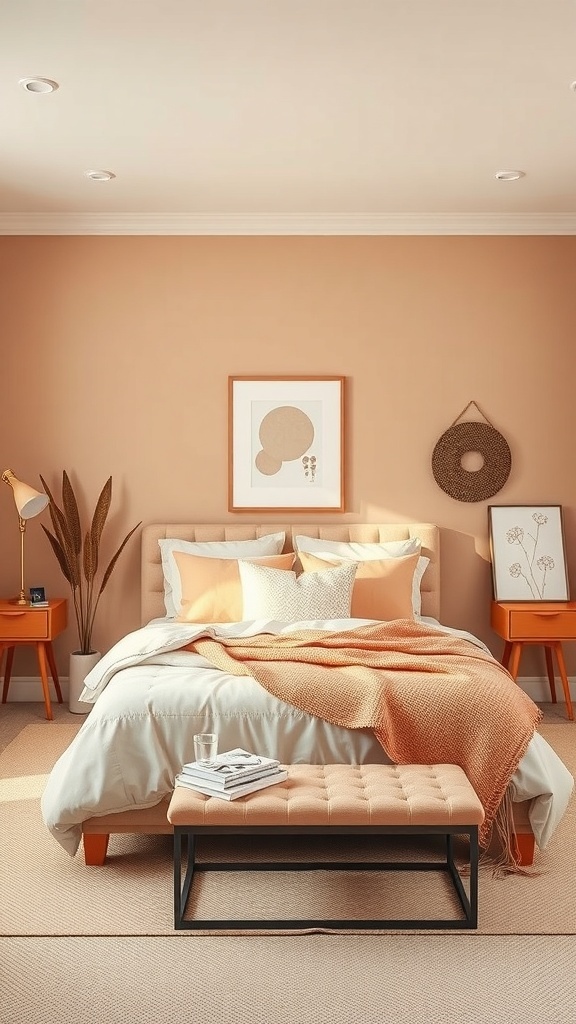 A cozy bedroom featuring warm taupe walls and soft peach accents, with layered bedding and decorative elements.