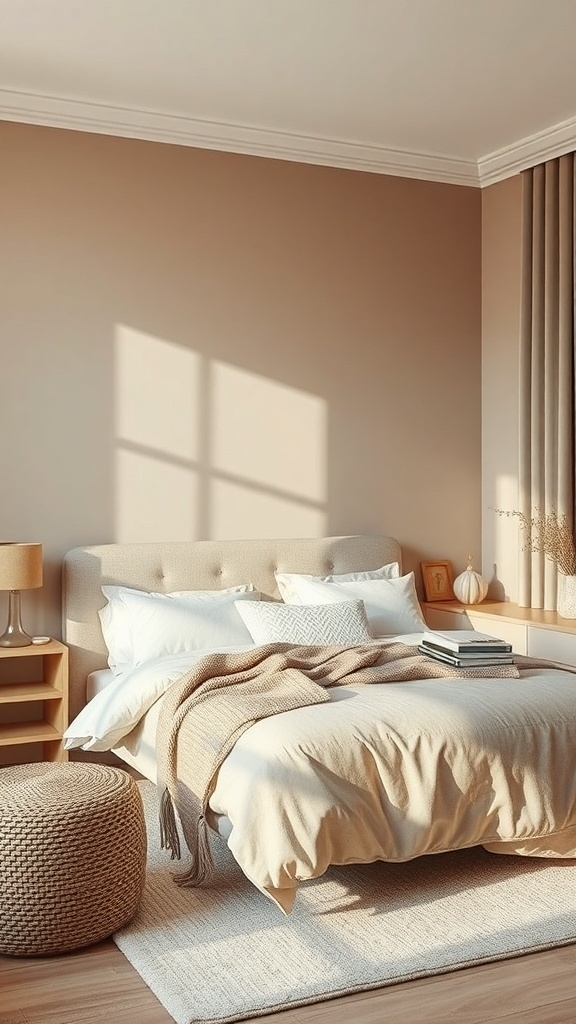 A cozy bedroom featuring warm taupe walls, light bedding, and natural light.