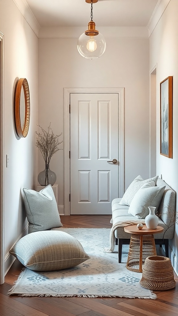 A cozy small foyer featuring soft cushions, a plush pouf, and a decorative rug.