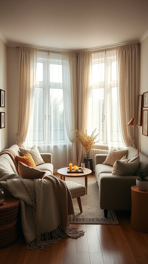 Cozy apartment living room with warm textiles and fabrics, featuring soft blankets, pillows, and natural light.