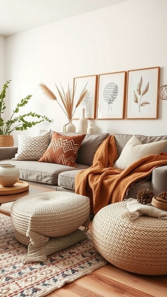 A cozy living room featuring warm textiles and natural fabrics, with a grey sofa, colorful cushions, and woven poufs.