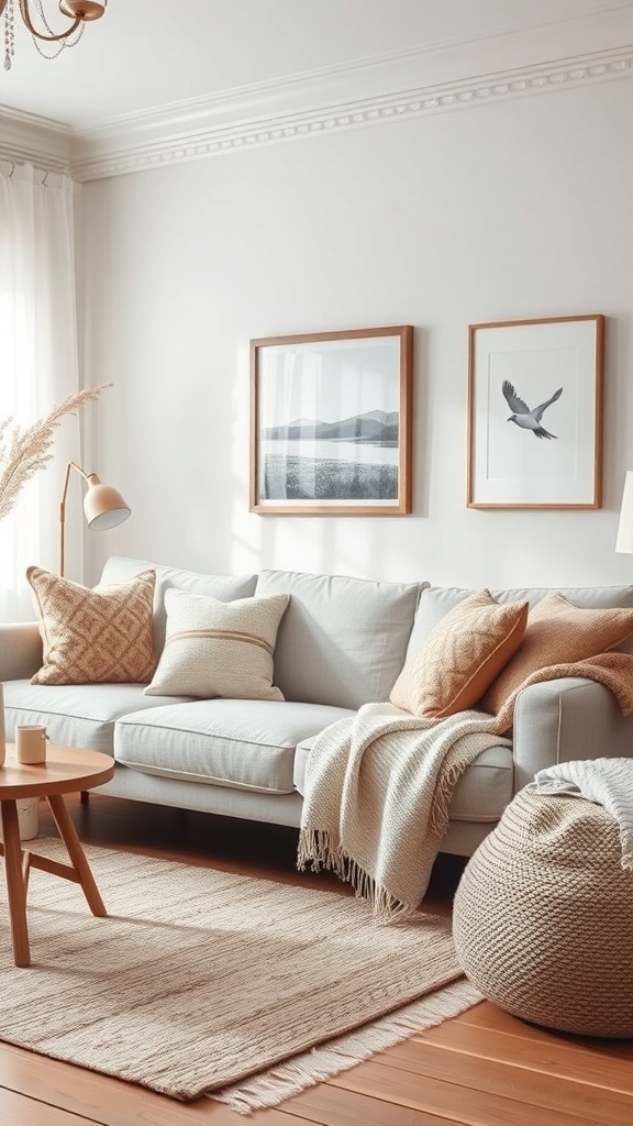 Cozy Scandinavian living room with warm textiles and soft fabrics