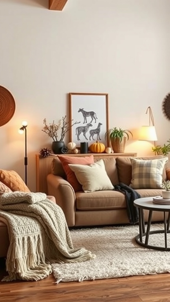 Cozy living room with warm textiles, including a chunky knit throw and colorful pillows on a sofa.