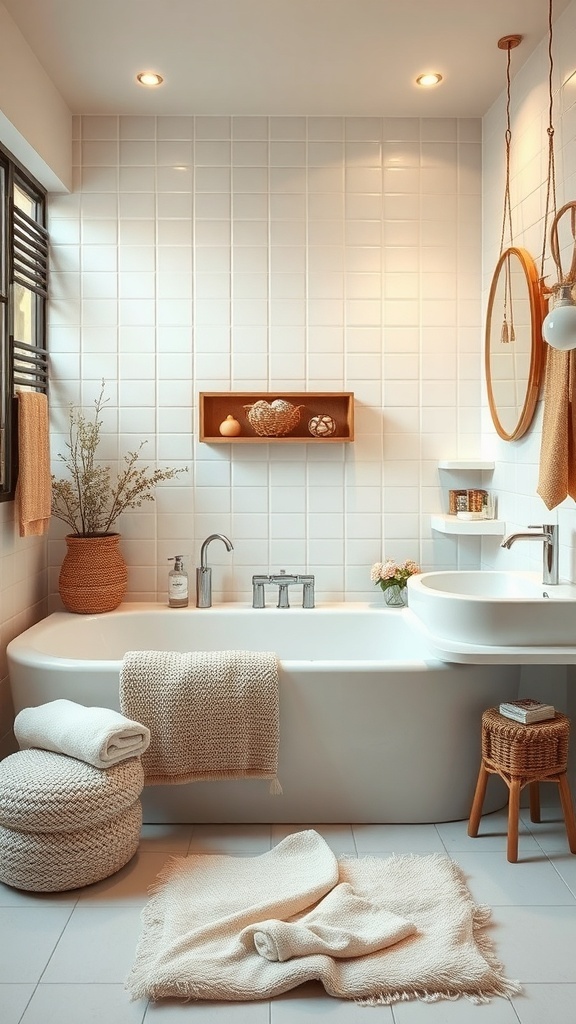 A cozy Japandi bathroom featuring warm textiles and towels, with a soft rug and neutral tones.