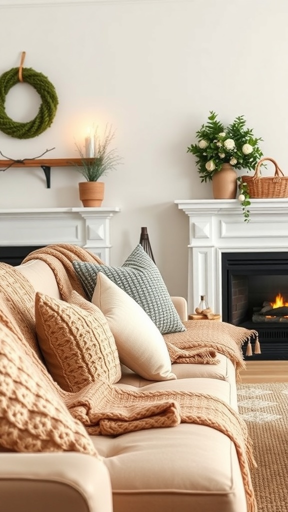 Cozy living room with warm textiles, including knitted blankets and pillows, near a fireplace.