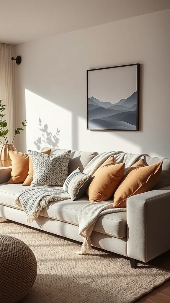 Cozy contemporary living room with a soft sofa, colorful cushions, and natural light.