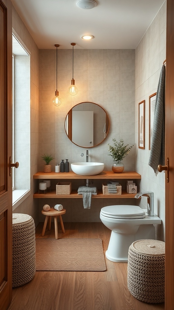 A cozy small bathroom featuring warm textures and natural elements.