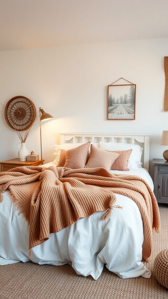 A cozy cottage bedroom featuring a warm rust-colored throw blanket on a white bed with pillows.