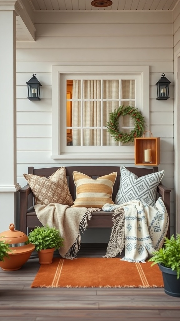 A cozy winter front door setup with pillows and throws on a bench, surrounded by plants.