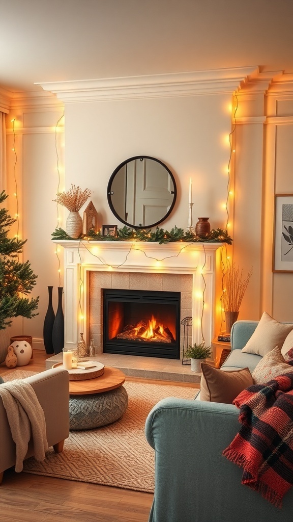A cozy living room decorated with warm twinkling lights around a fireplace, creating a welcoming atmosphere.