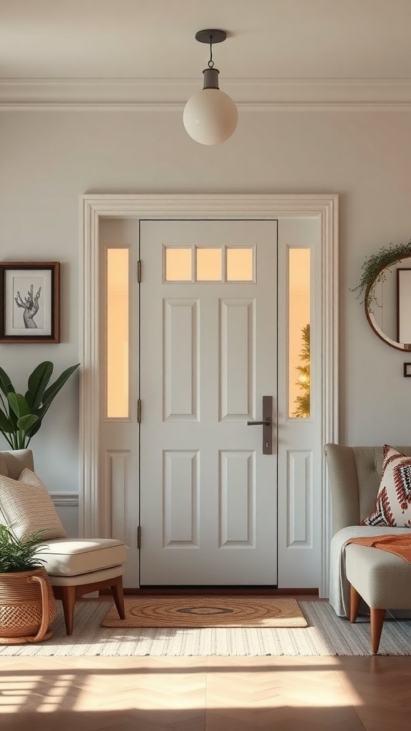 A cozy front door entryway with warm lighting, a white door, and comfortable seating.